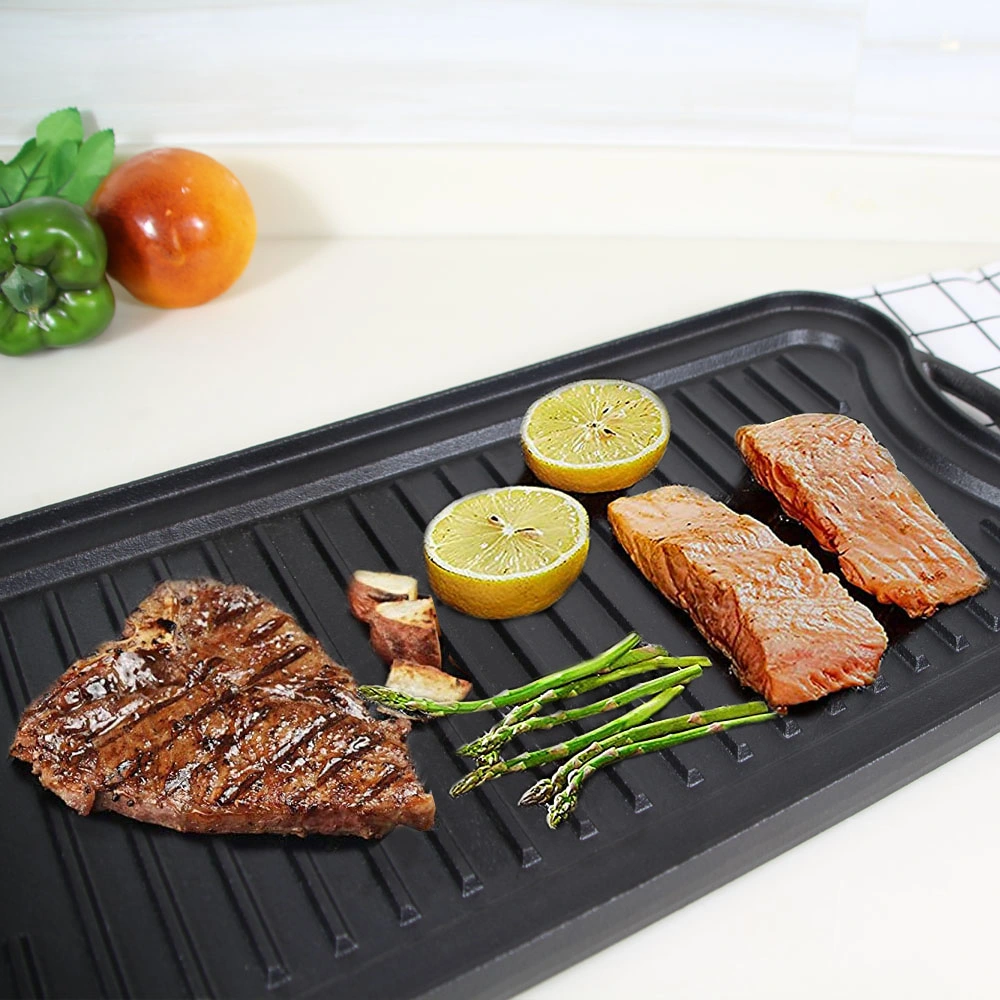 20"X10" Inch 50X27cm Amazon Hot Selling BBQ Cast Iron Rectangular Flat Reversible Roasting Cast Iron Steak Grill Griddle Pan for Indoor Stovetop or Outdoor Camp