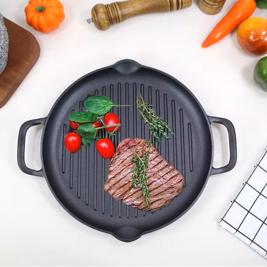 Round Cast Iron Griddle Pan for BBQ Pre-Seasoned No Stick Reversible Double-Sided Grill Plate with Legs