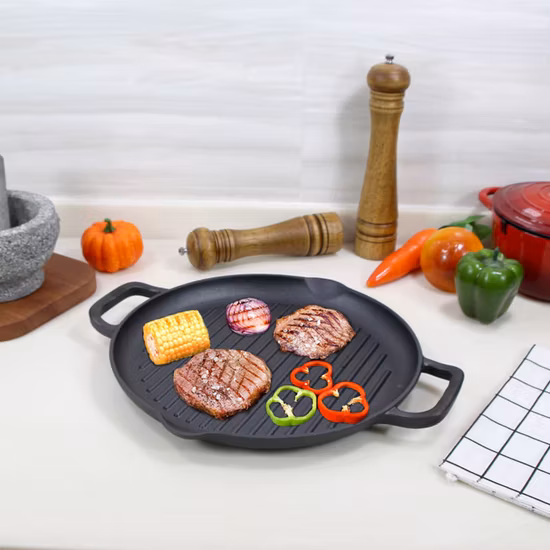 Round Cast Iron Griddle Pan for BBQ Pre-Seasoned No Stick Reversible Double-Sided Grill Plate with Legs